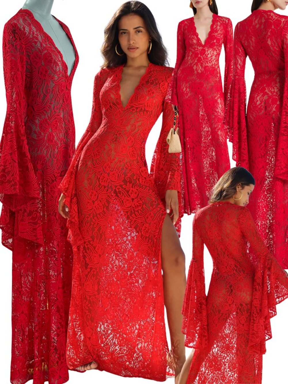 🆕 ALEXANDRA MIRO 🧿 NWOT Kara Long Boylen Sleeve Kaftan, Red Lace - Sz S